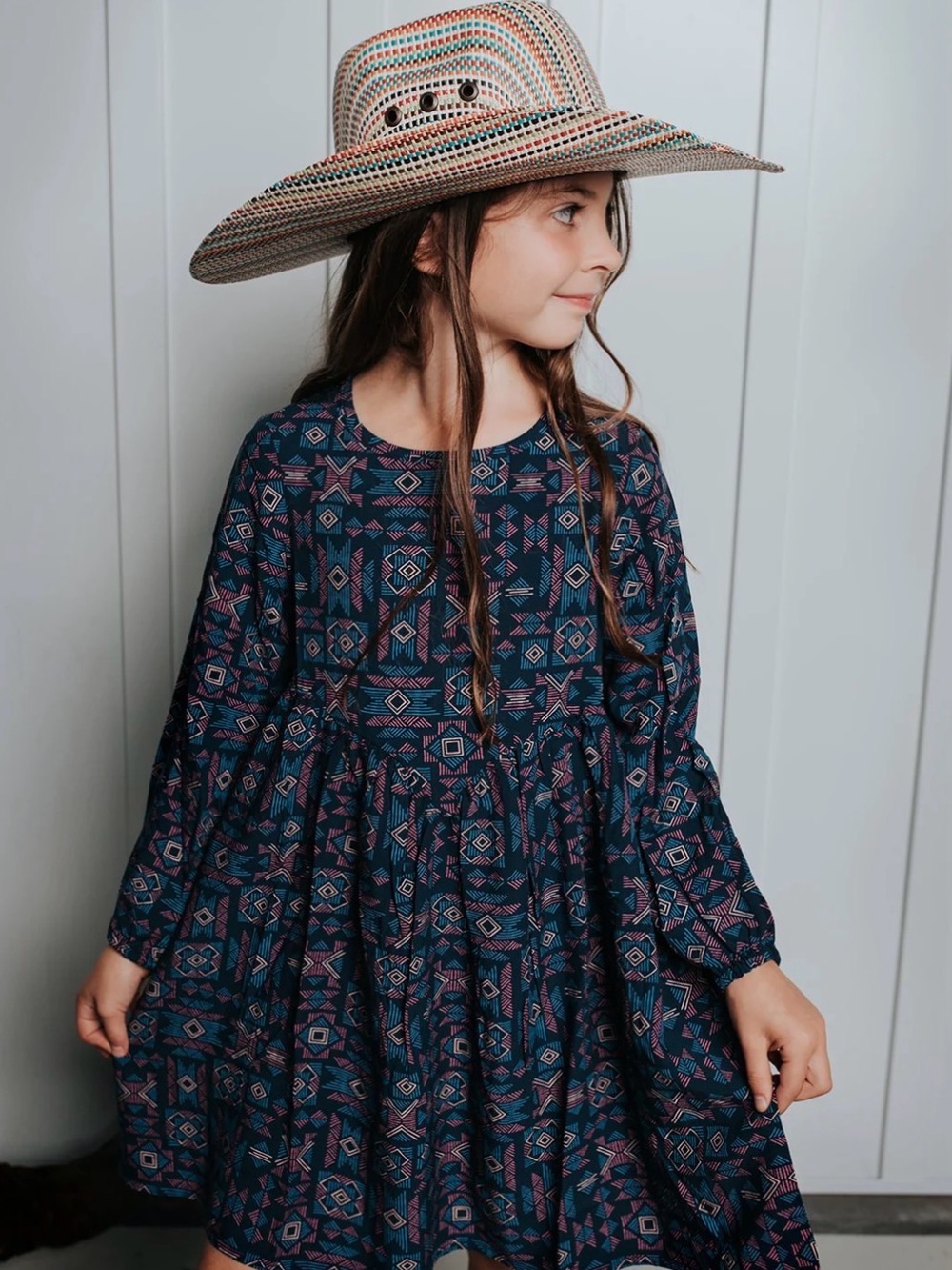 Wrangler Girls' Navy and Purple Geometric Print Long-Sleeve Dress Size S. NWT